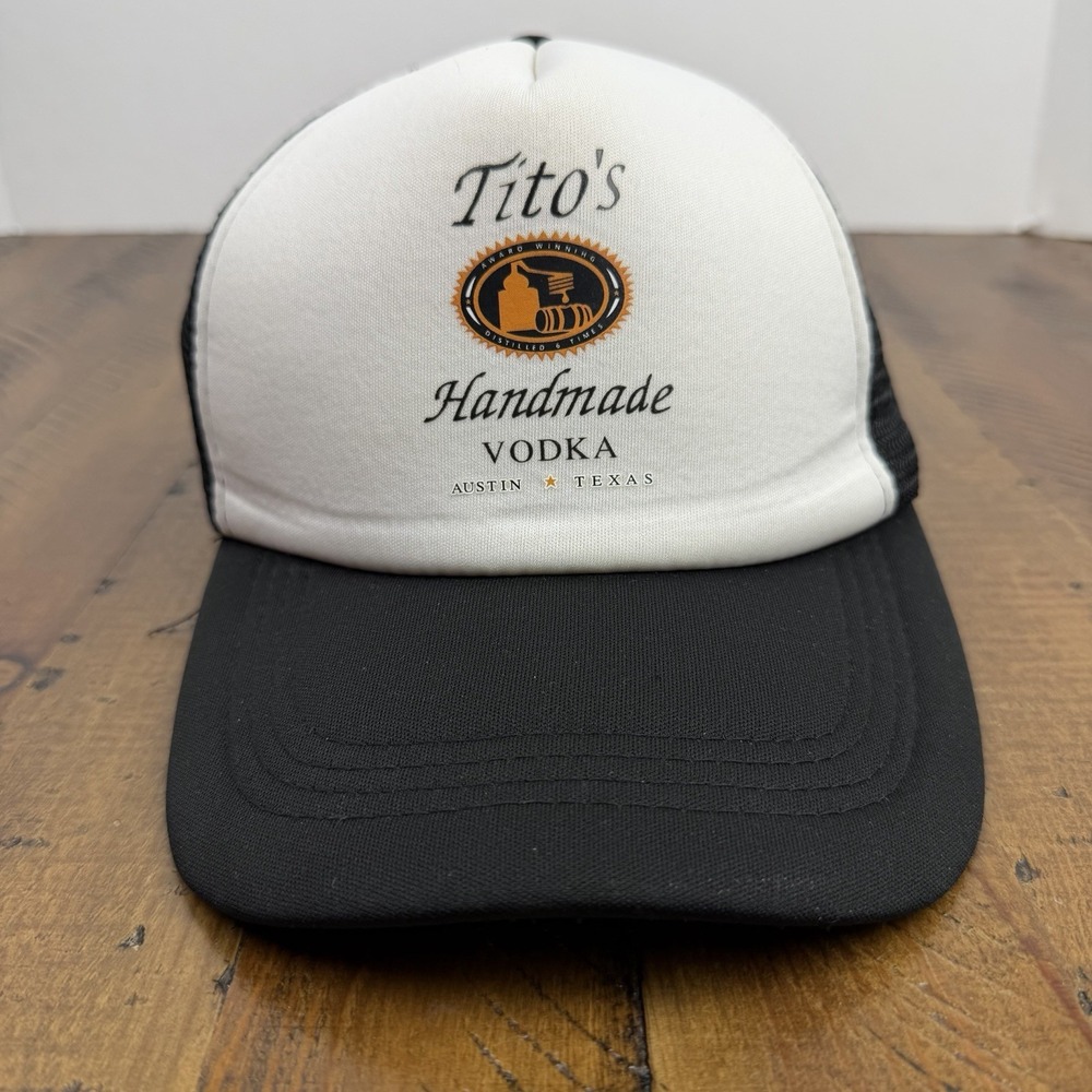 Titos Handmade Vodka Hat One Size Adjustable Black White Mesh Snapback Trucker